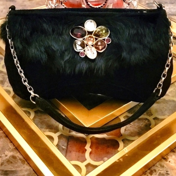 NWT Retail $295 ❤️SWAROVSKI Isabella real Rabbit fur Evening Bag - Picture 3 of 9